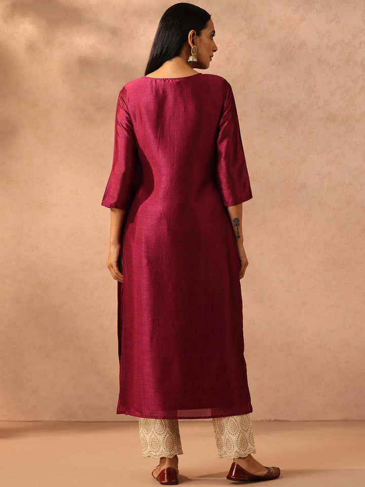 Purple Embellished Silk Straight Kurta - Libas