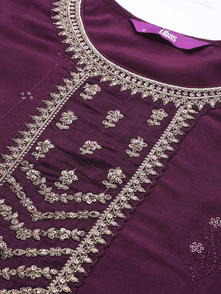 Purple Embroidered Silk Straight Kurta - Libas