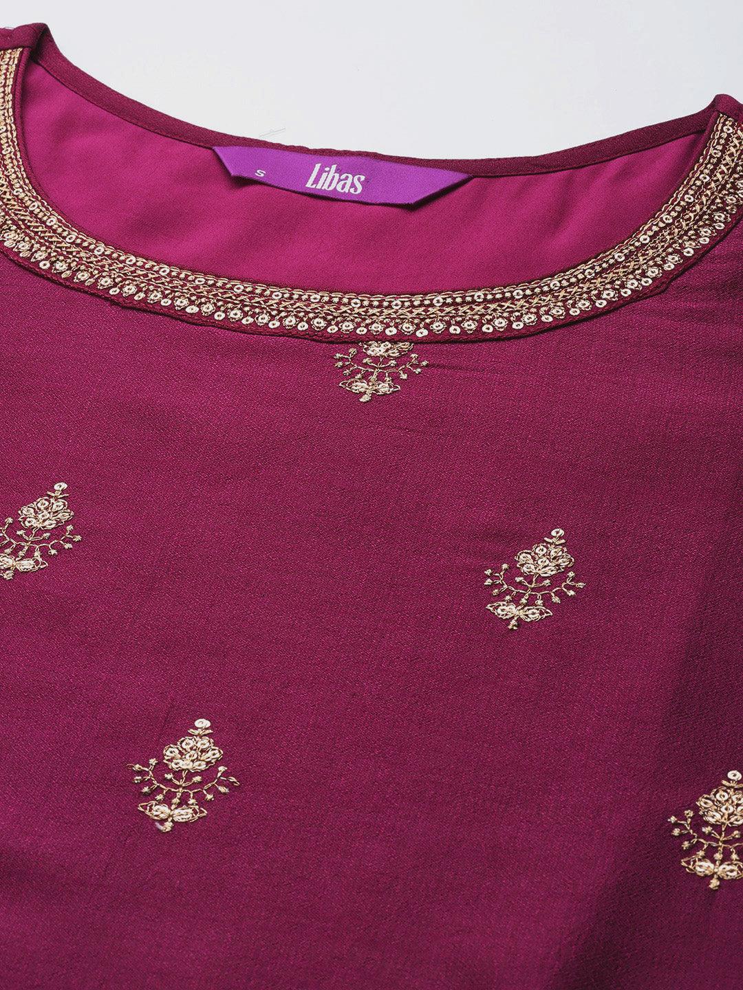 Purple Embroidered Silk Straight Kurta