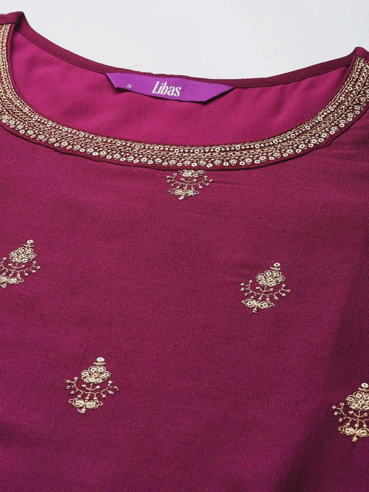 Purple Embroidered Silk Straight Kurta - Libas