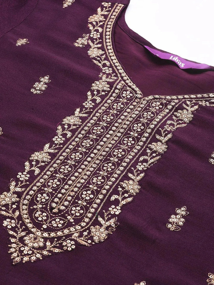 Purple Embroidered Silk Straight Kurta - Libas