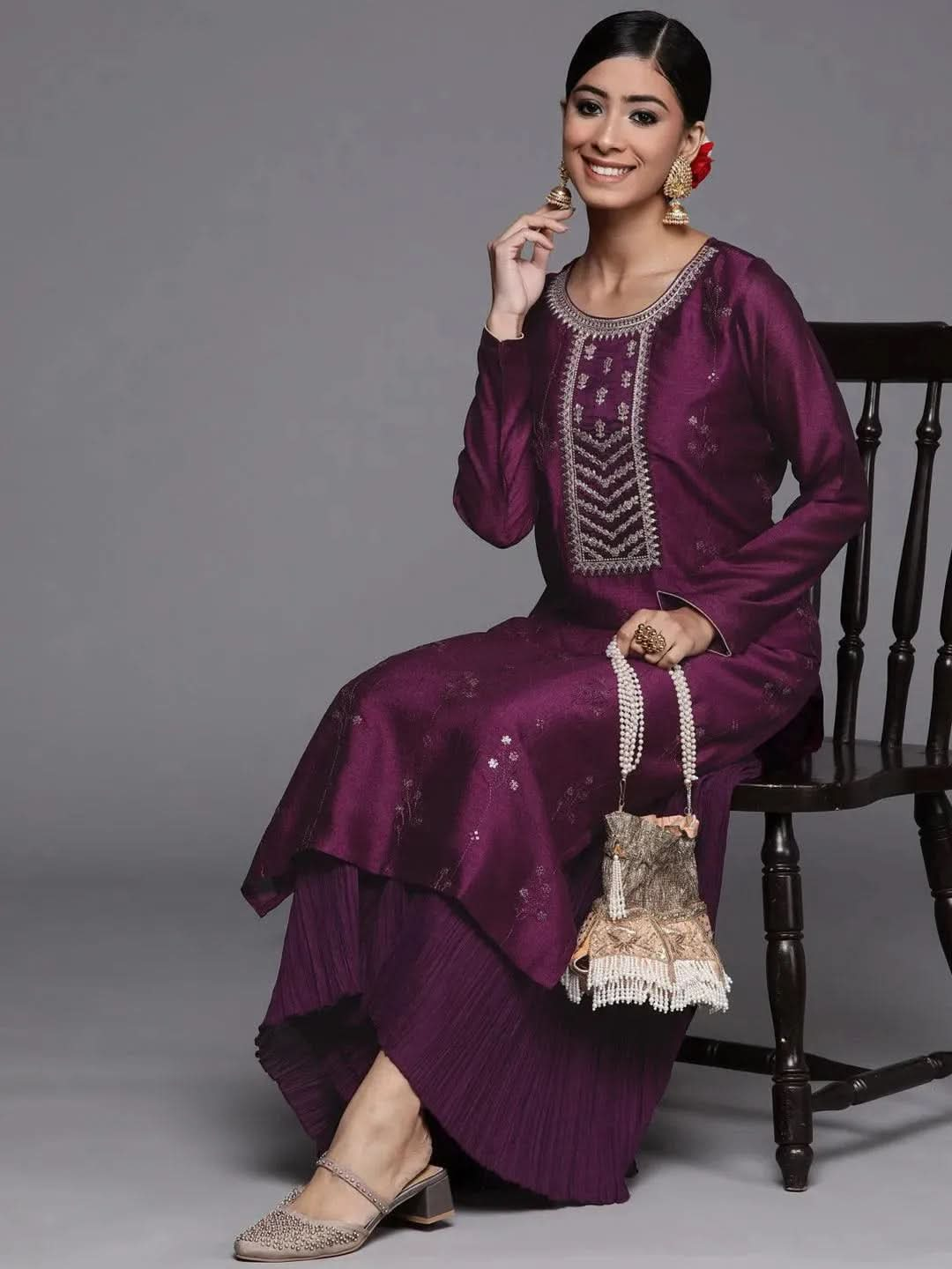 Purple Embroidered Silk Straight Kurta - Libas