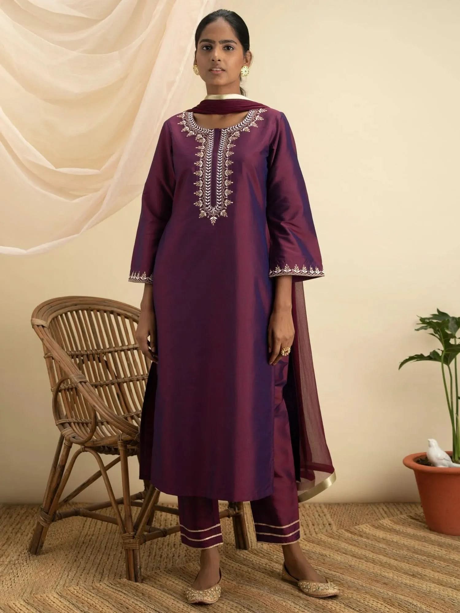 

Purple Embroidered Silk Straight Kurta With Dupatta
