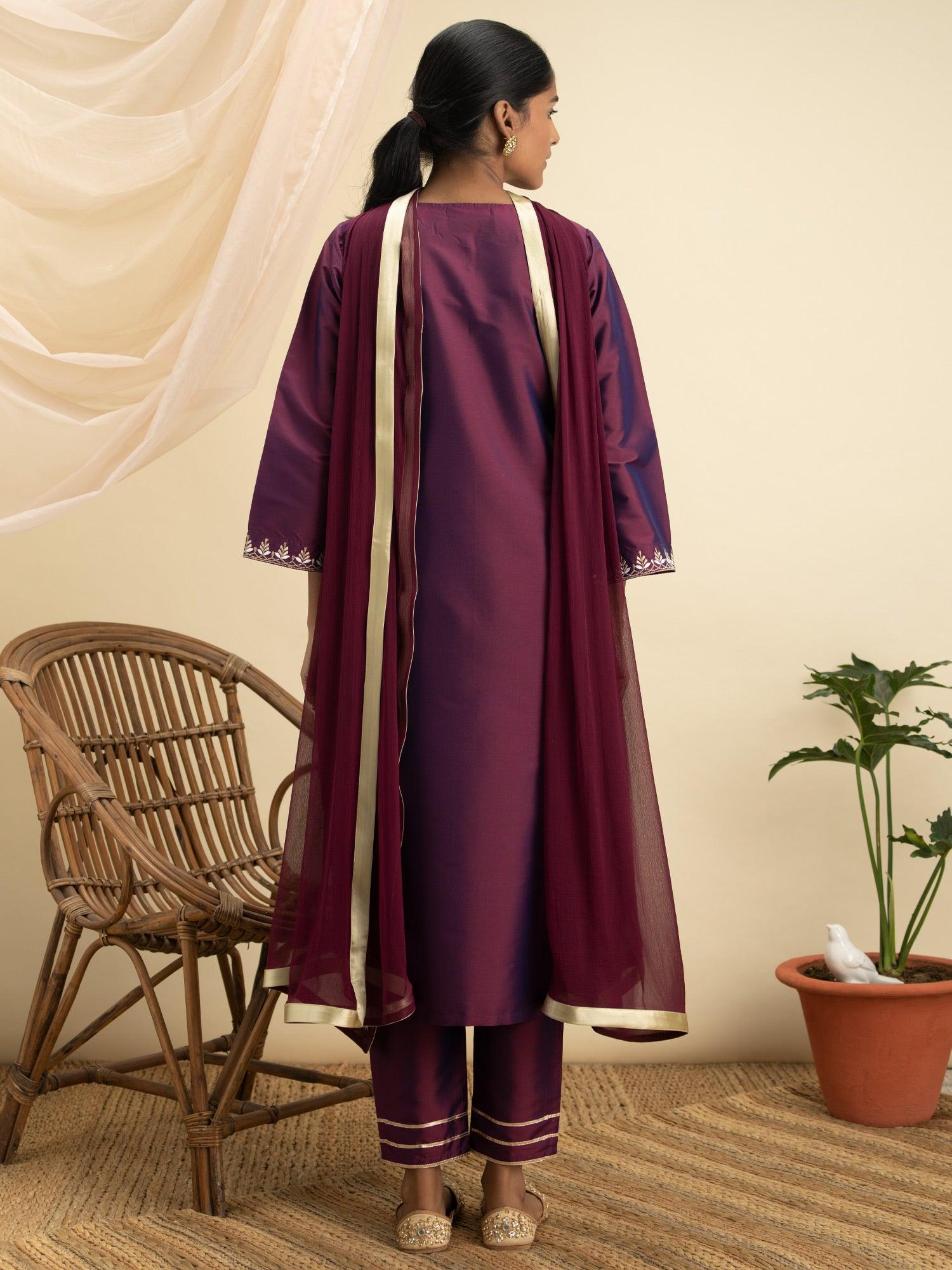 Purple Embroidered Silk Straight Kurta With Dupatta