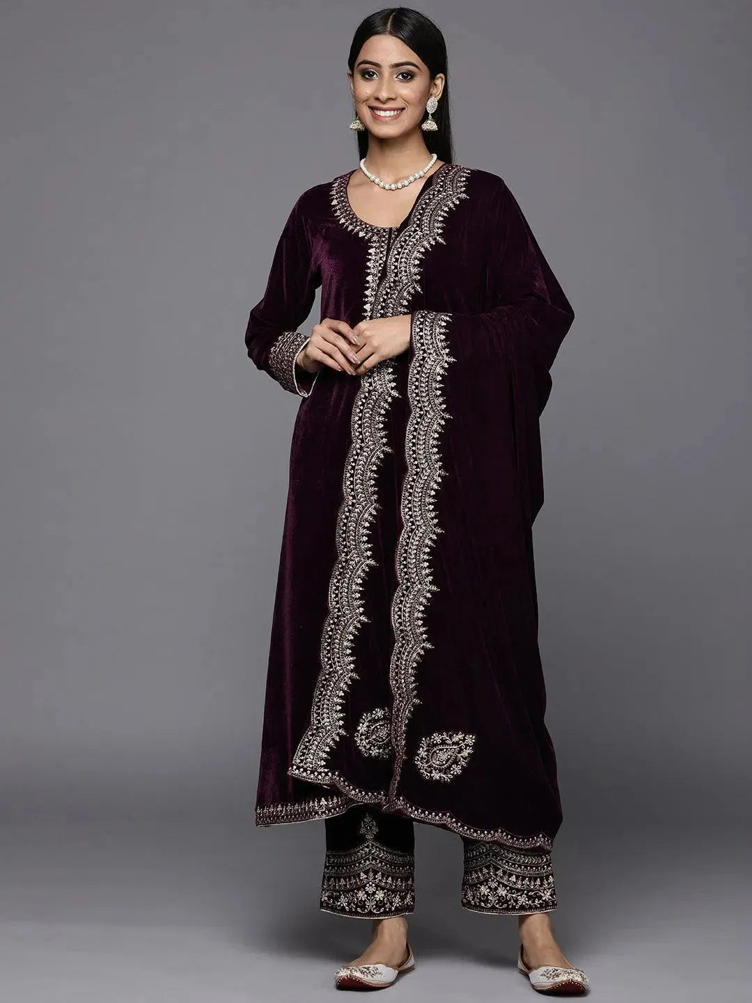 Purple Embroidered Velvet A-Line Suit Set - Libas