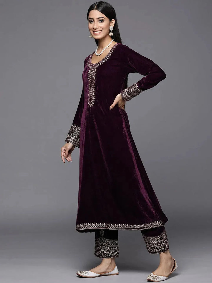 Purple Embroidered Velvet A-Line Suit Set - Libas