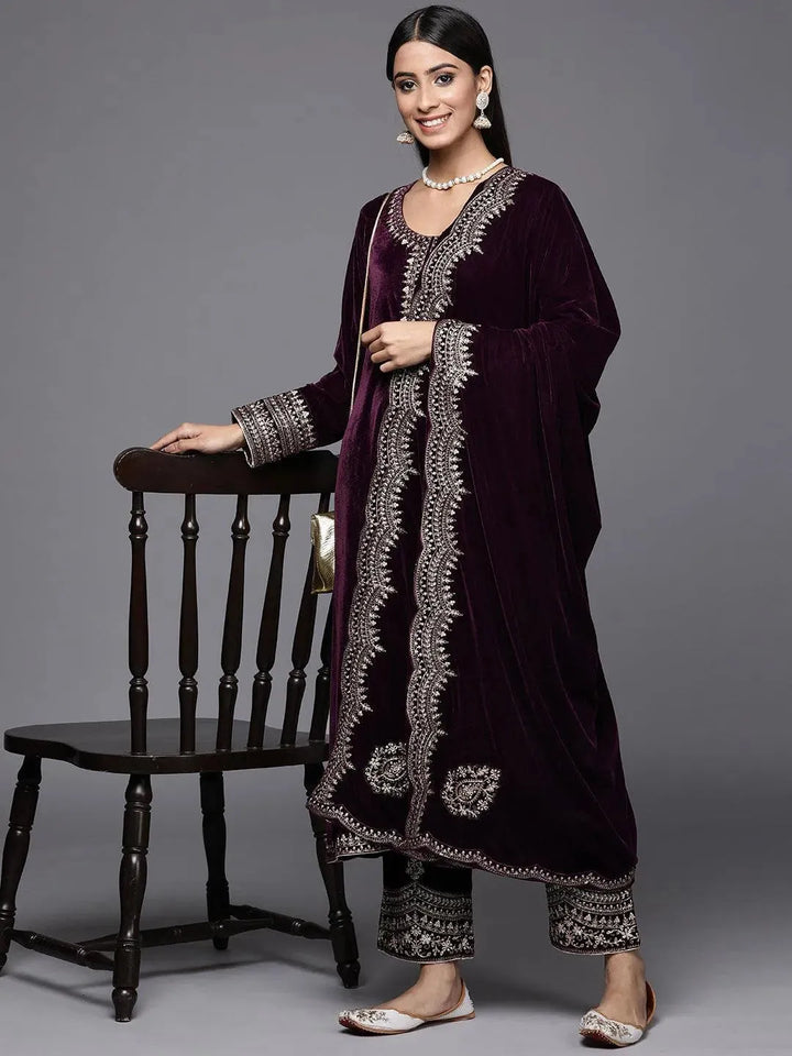 Purple Embroidered Velvet A-Line Suit Set - Libas