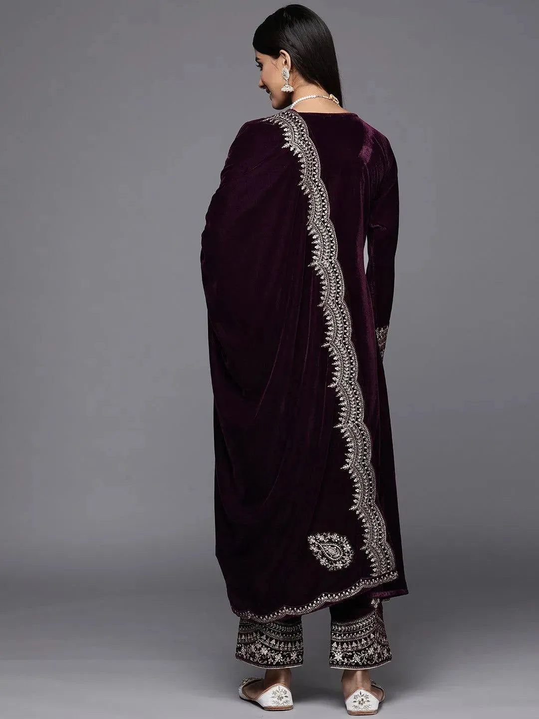 Purple Embroidered Velvet A-Line Suit Set - Libas