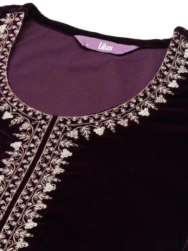 Purple Embroidered Velvet A-Line Suit Set - Libas