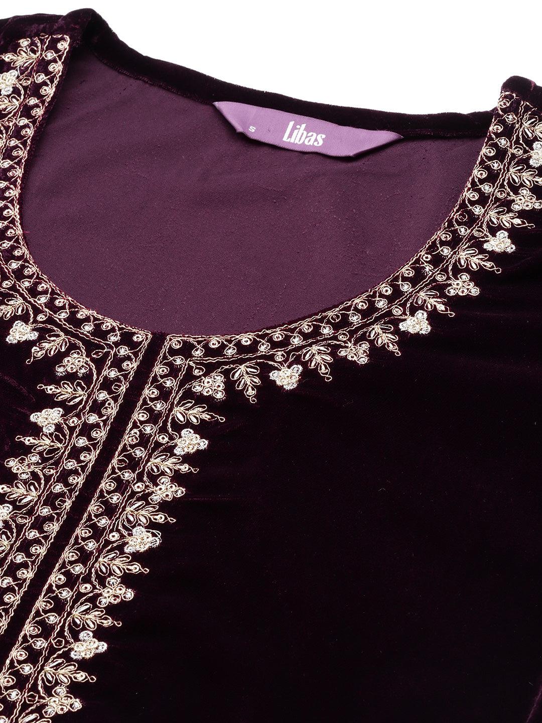 Purple Embroidered Velvet A-Line Suit Set - Libas