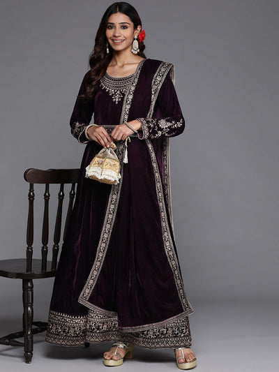 Purple Embroidered Velvet Anarkali Suit Set - Libas
