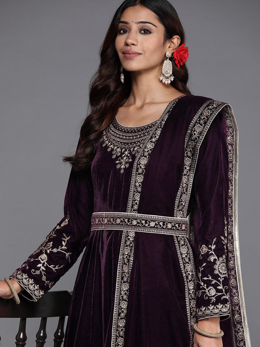 Purple Embroidered Velvet Anarkali Suit Set - Libas