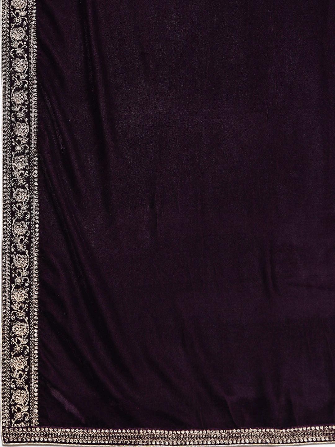 Purple Embroidered Velvet Anarkali Kurta With Trousers & Dupatta