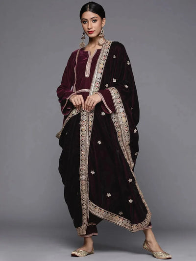 Purple Embroidered Velvet Suit Set - Libas