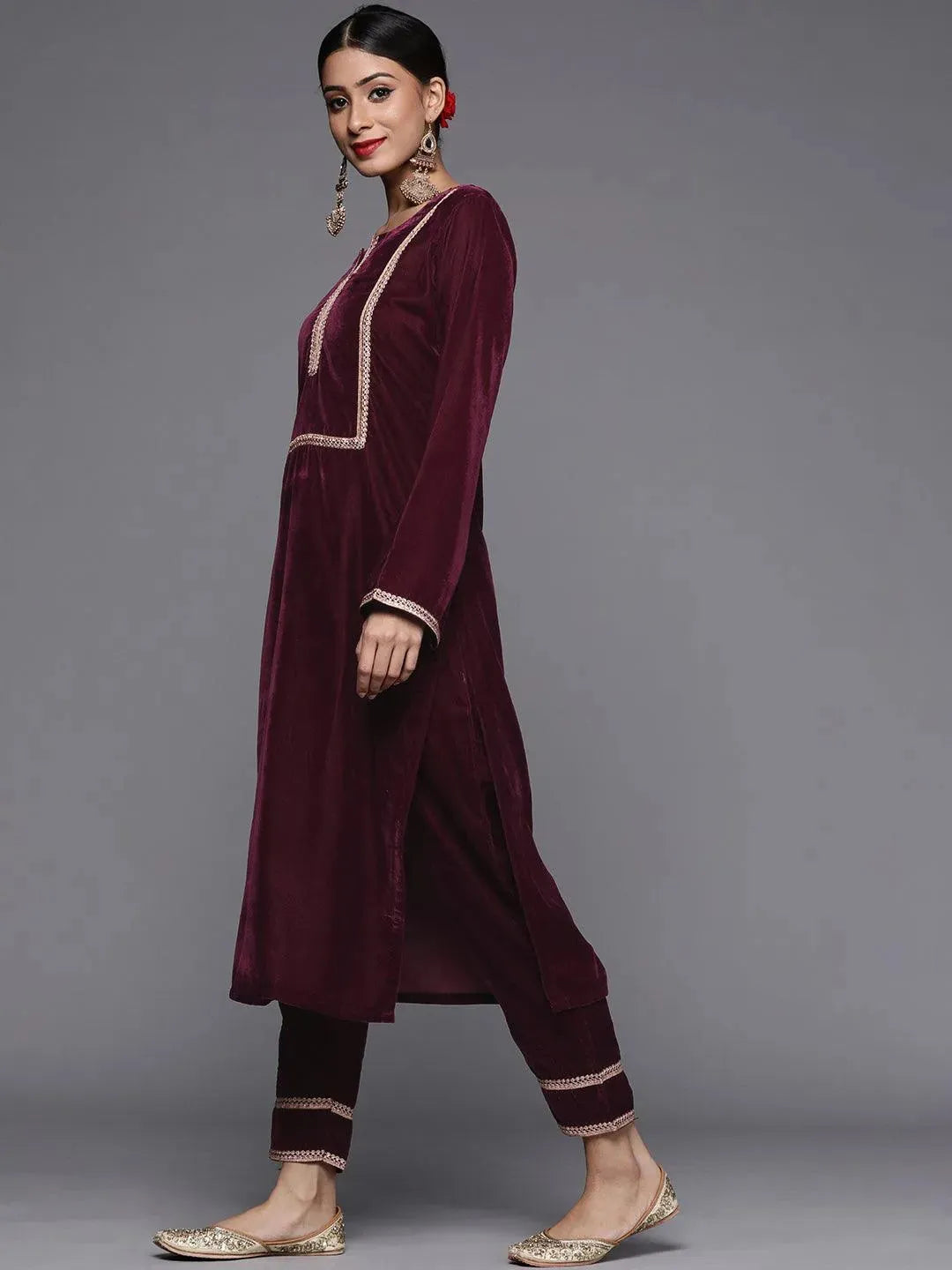 Purple Embroidered Velvet Suit Set - Libas