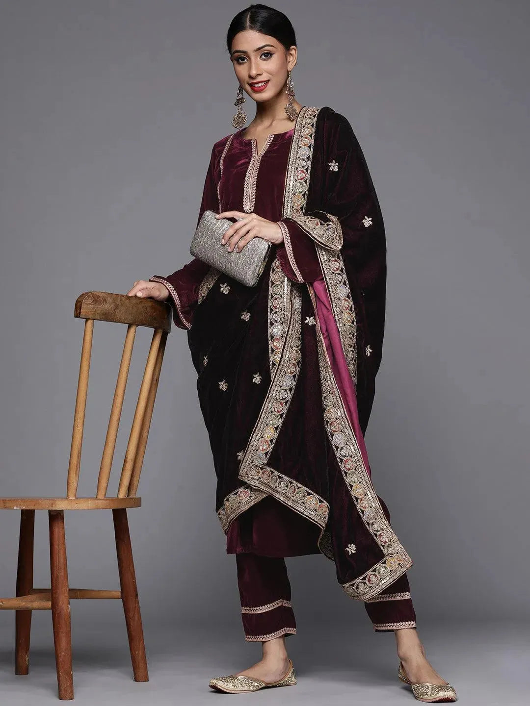 Purple Embroidered Velvet Suit Set - Libas