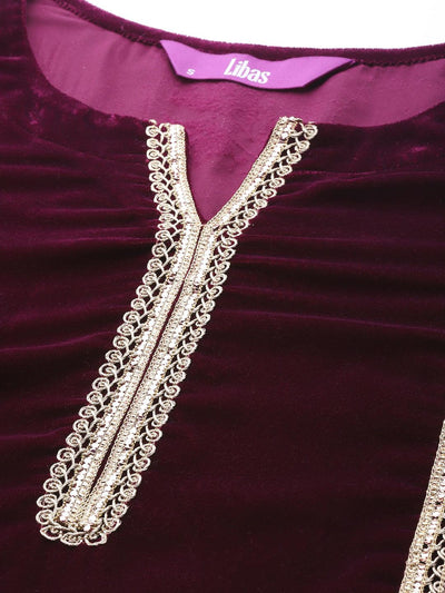 Purple Embroidered Velvet Suit Set - Libas