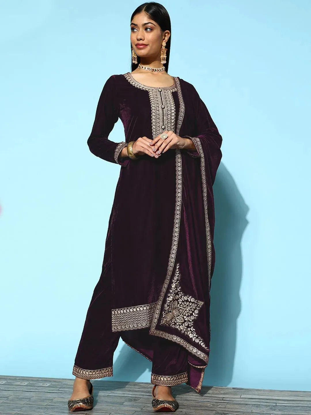 Purple Embroidered Velvet Straight Suit Set - Libas