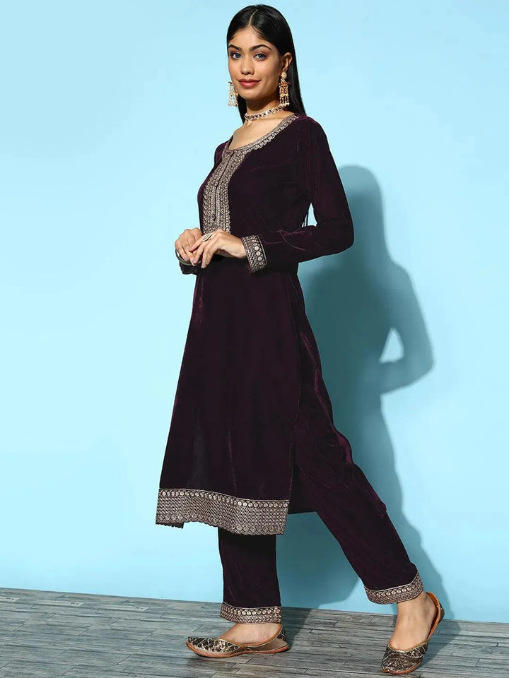 Purple Embroidered Velvet Straight Suit Set - Libas