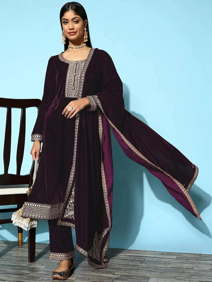 Purple Embroidered Velvet Straight Suit Set - Libas