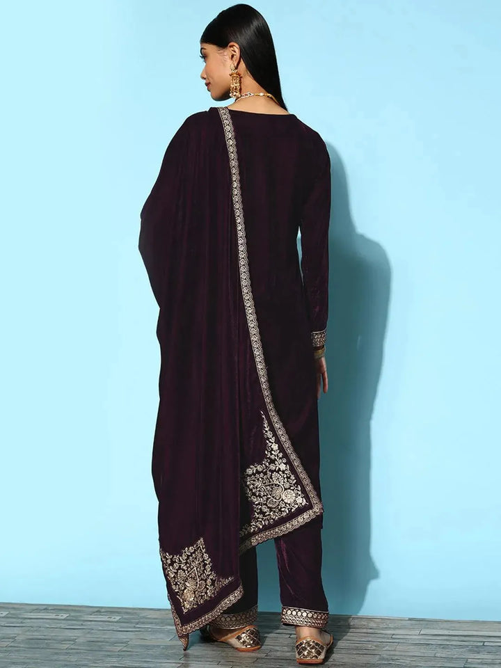 Purple Embroidered Velvet Straight Suit Set - Libas