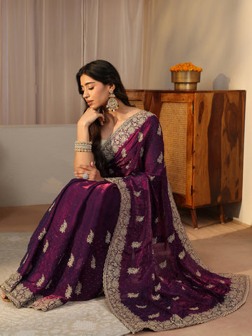 Purple Ethnic Embellished Tissue Saree