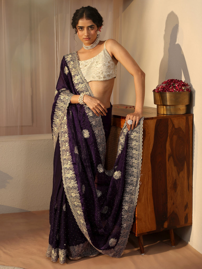Libas Purple Ethnic Embellished Tissue Saree