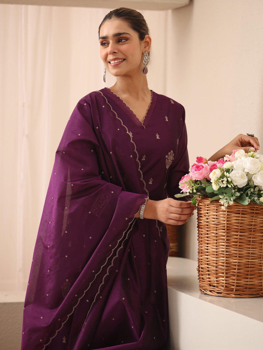  Purple Ethnic Embroidered Chanderi Silk Straight Suit Set 