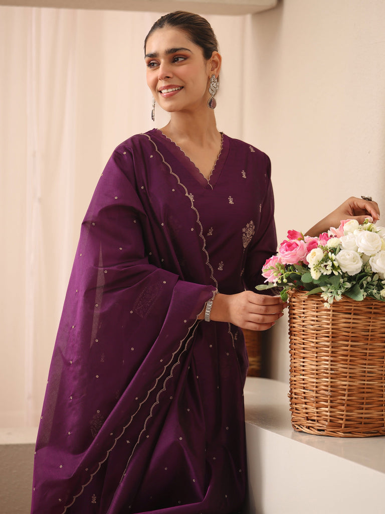 Libas Purple Ethnic Embroidered Chanderi Silk Straight Suit Set