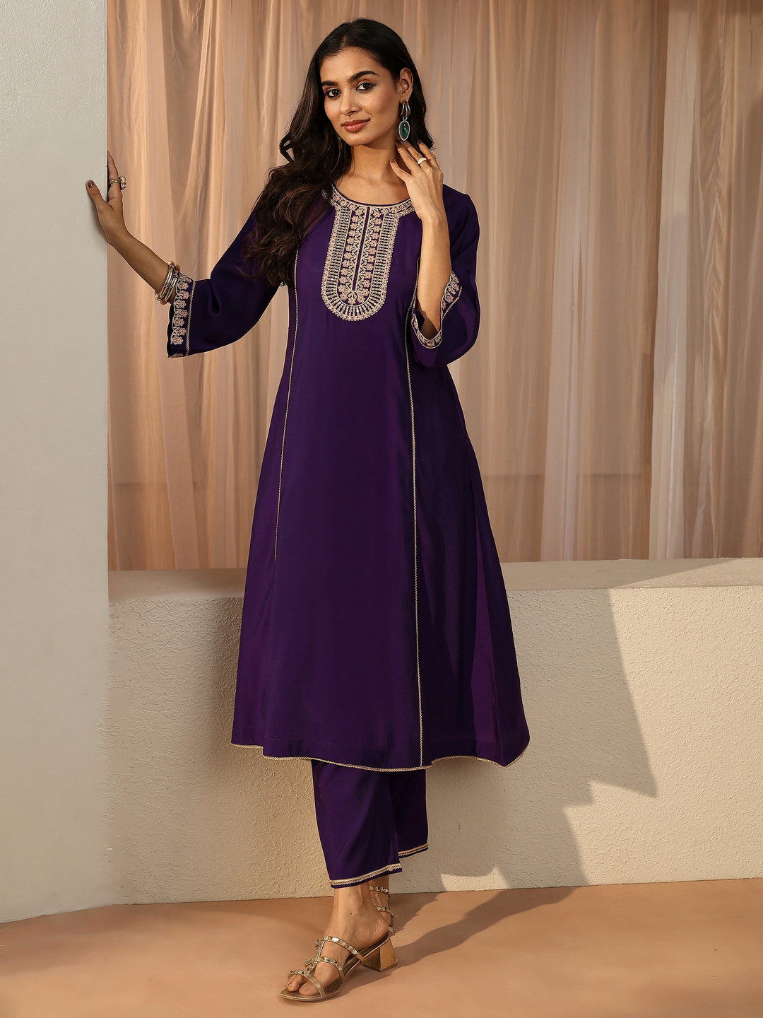  Purple Ethnic Embroidered Silk Blend A-Line Kurta Set 