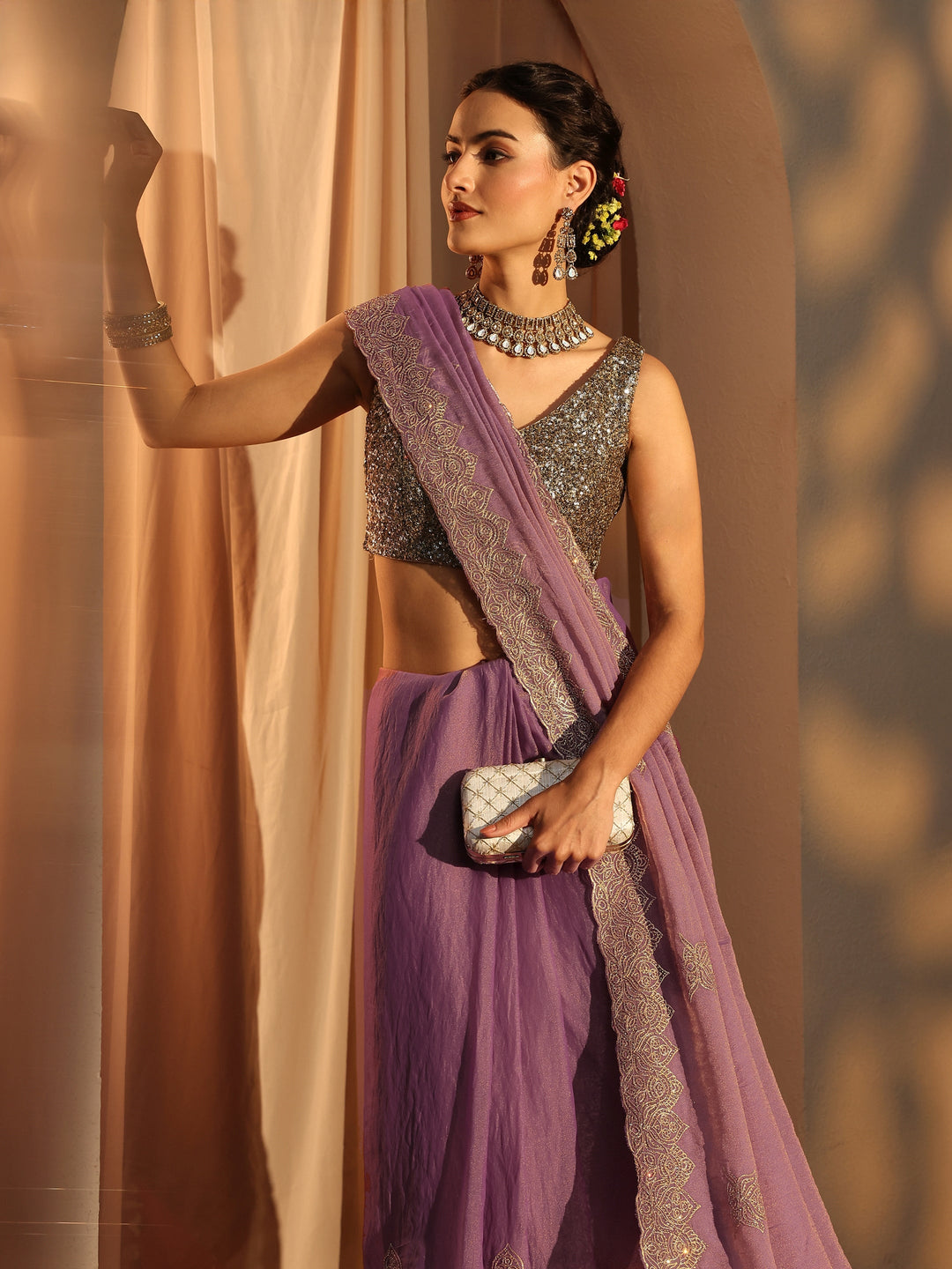  Purple Ethnic Motifs Embellished Tissue Saree With Unstitched Blouse Piece 