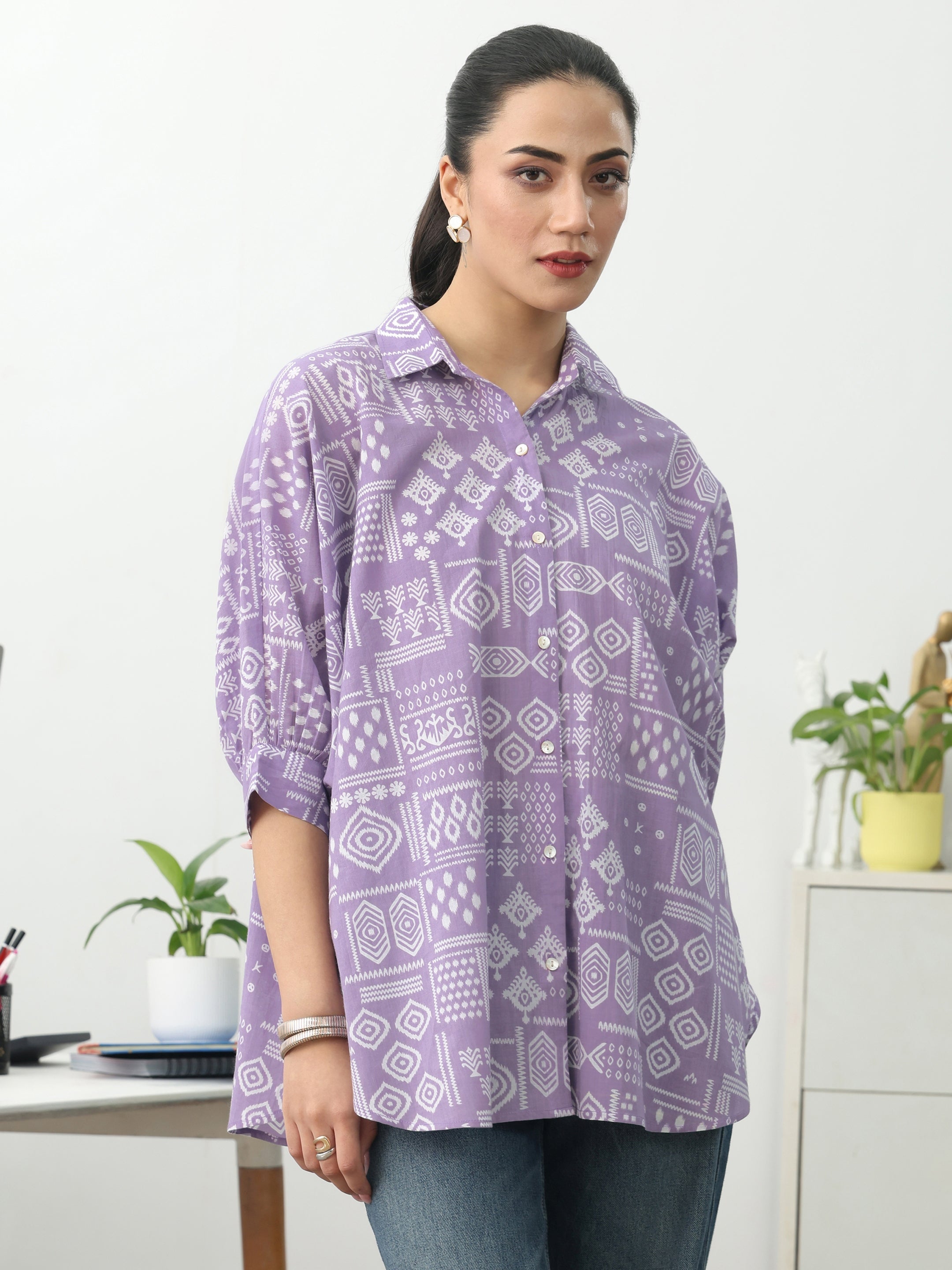 Purple Ethnic Motifs Printed Cotton Shirt-image-34
