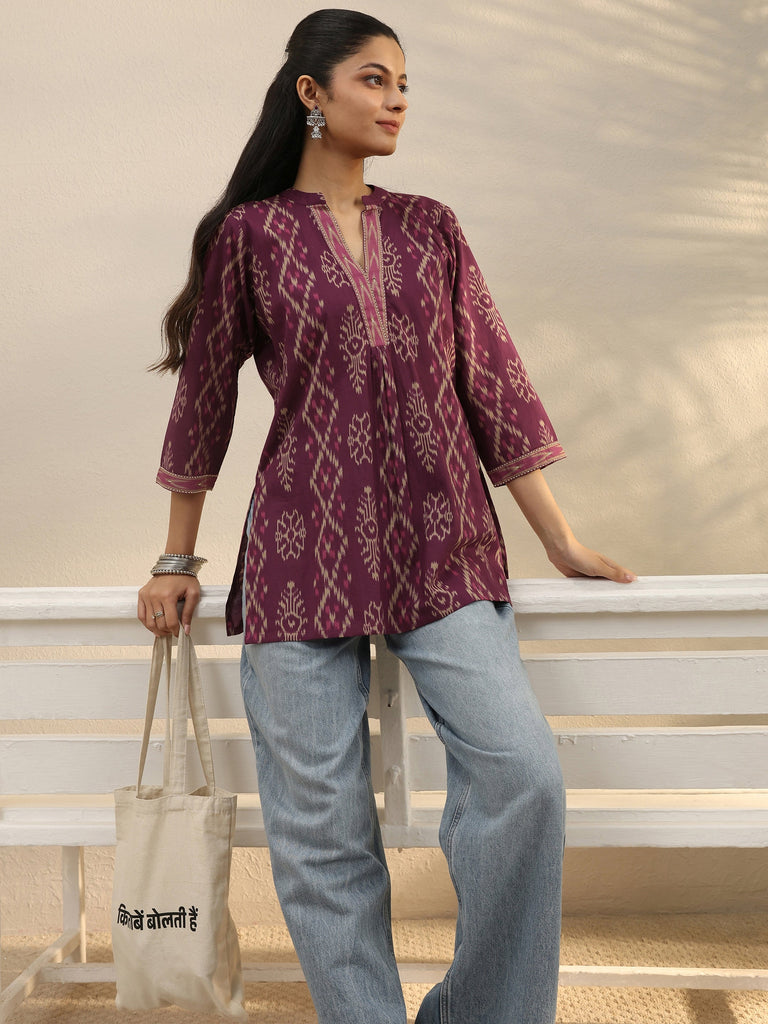Libas Purple Ethnic Printed Cotton A-Line Short Kurti