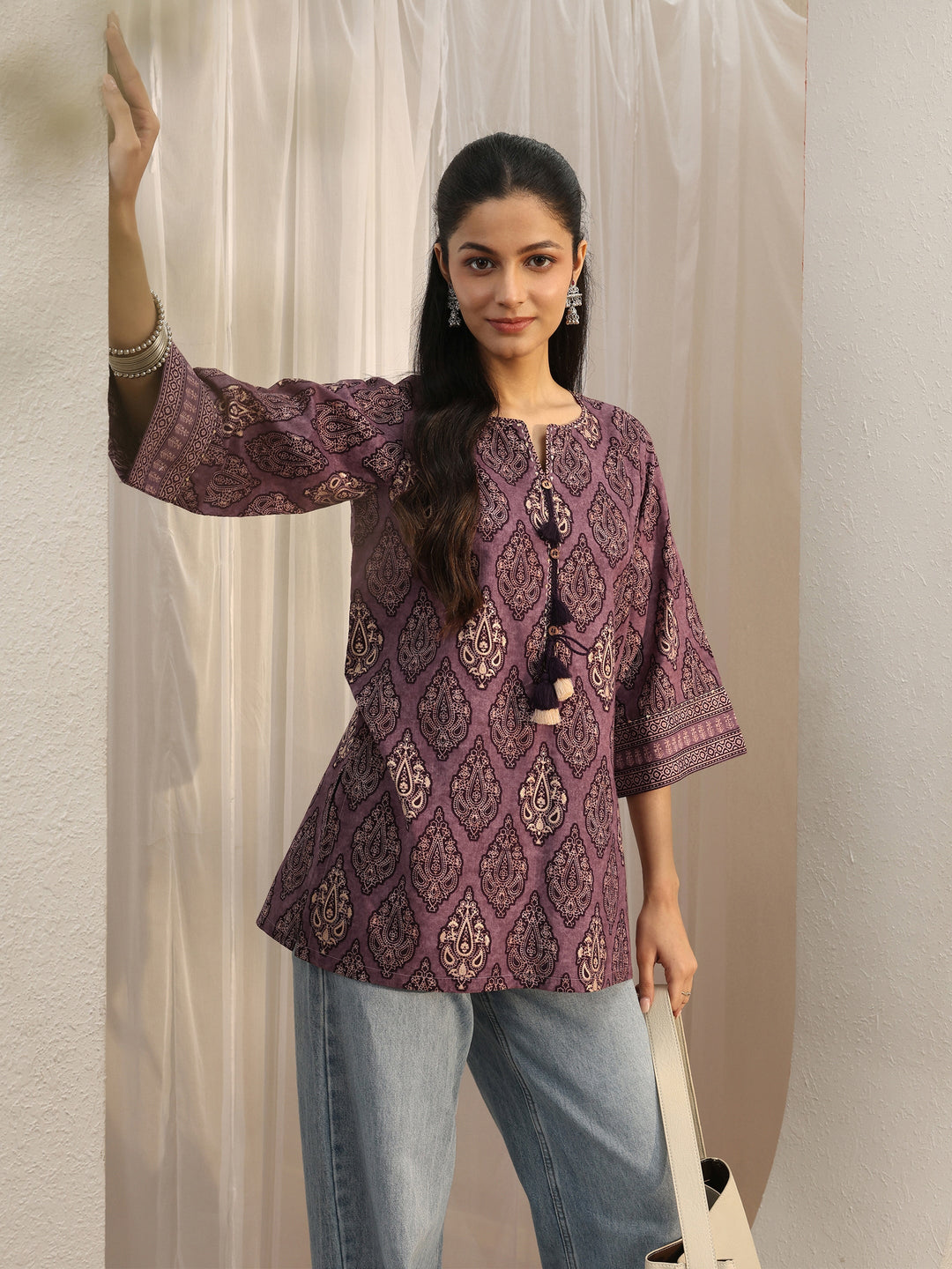  Purple Ethnic Printed Cotton Tassel Tunic 