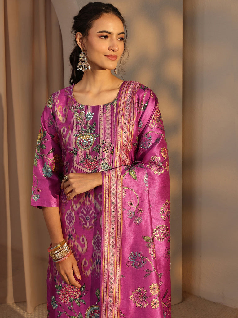 Libas Purple Ethnic Printed Silk Blend Straight Suit Set With Dupatta