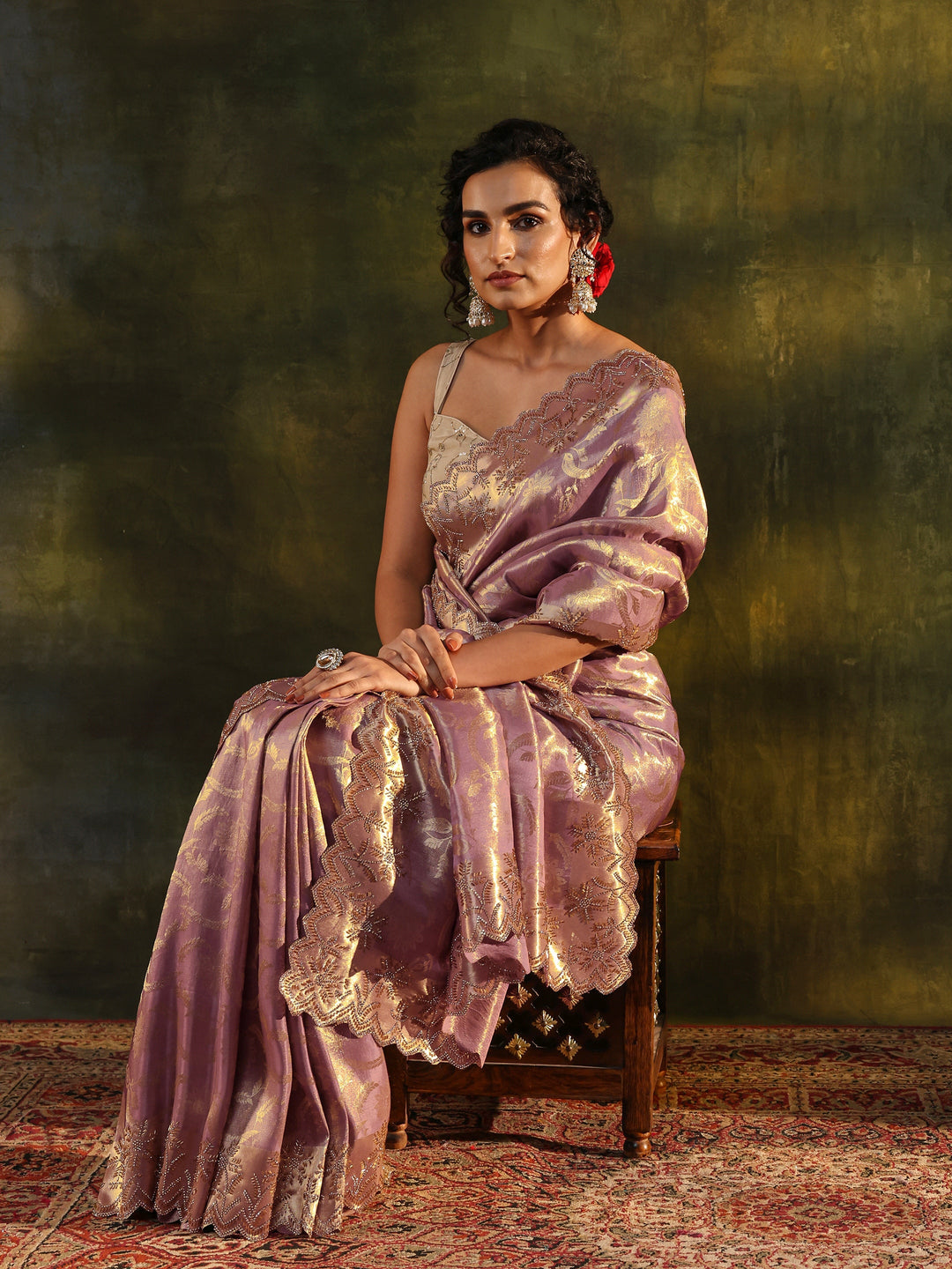 Purple Floral Embellished Silk Saree With Unstitched Blouse Piece