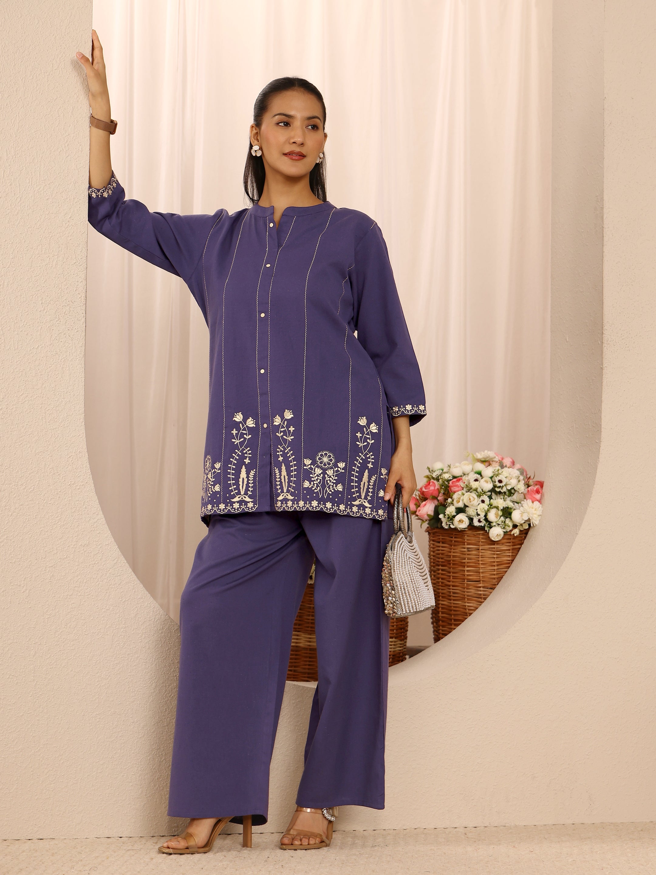 Purple Floral Embroidered Cotton Blend Co-Ord Set-image-17