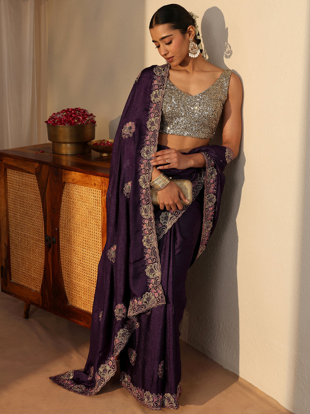  Purple Floral Embroidered Glossy Chiffon Saree 