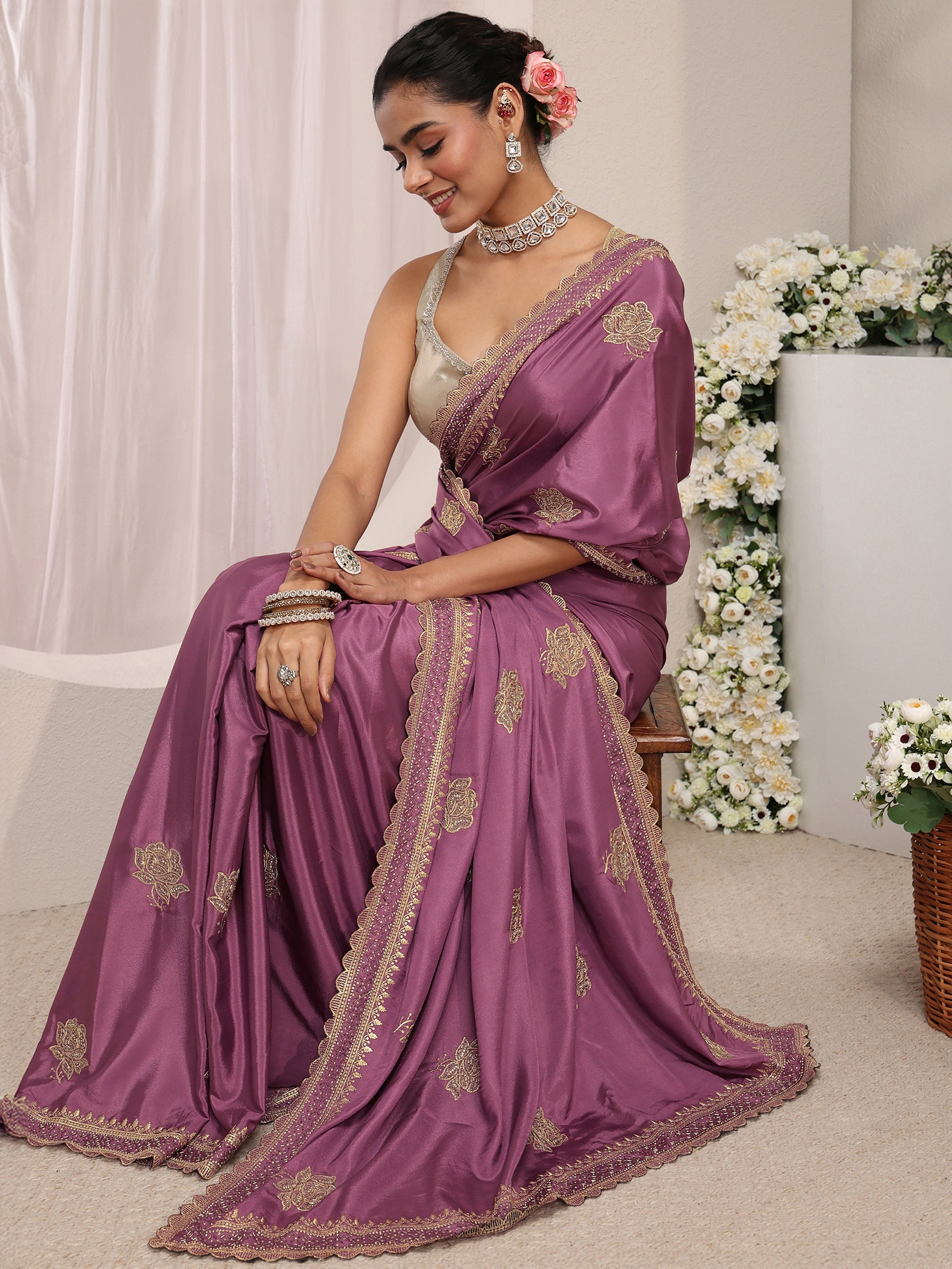 Purple Floral Embroidered Satin Saree With Unstitched Blouse Piece-image-41