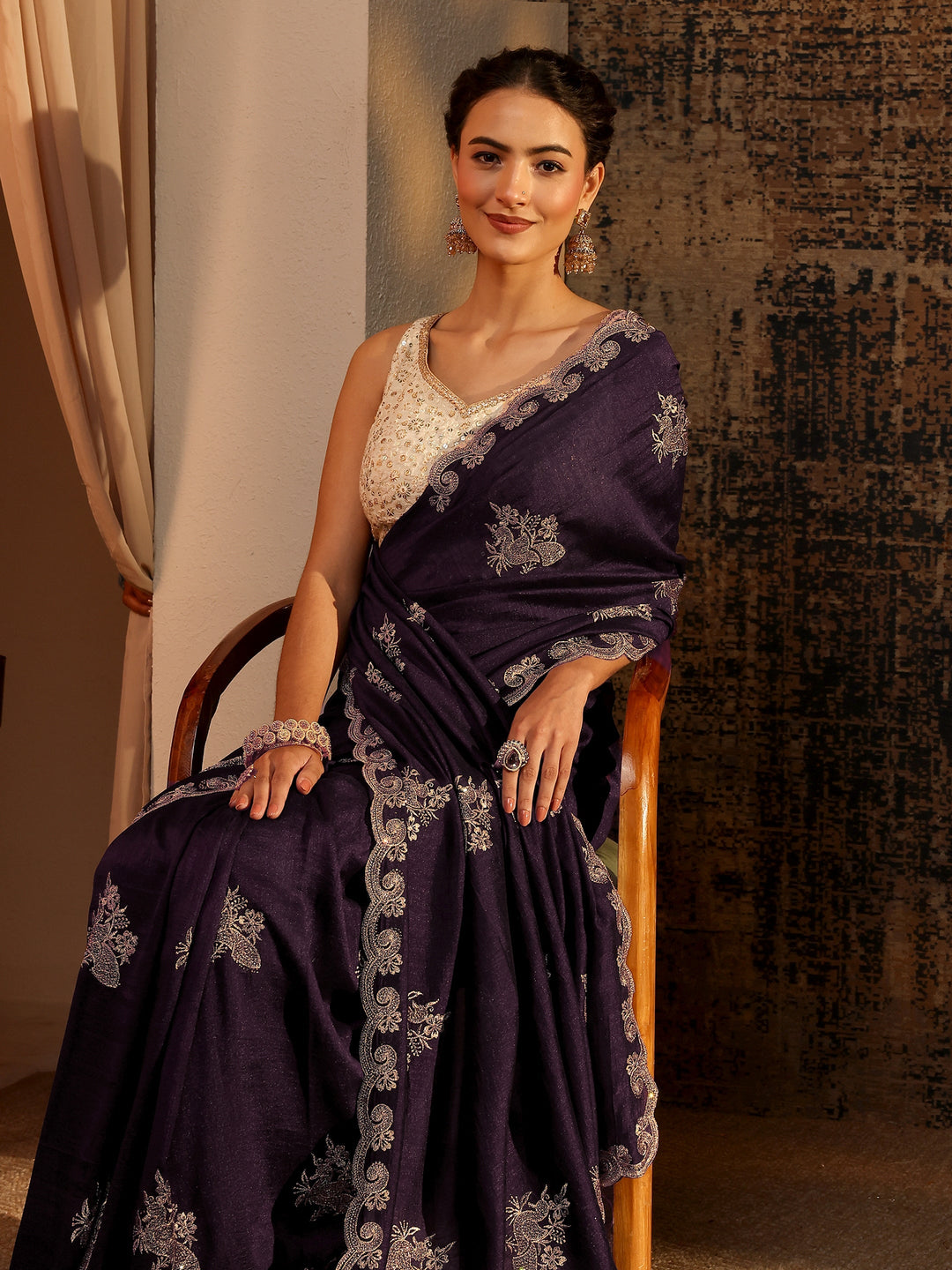  Purple Floral Embroidered Silk Blend Saree With Unstitched Blouse Piece 