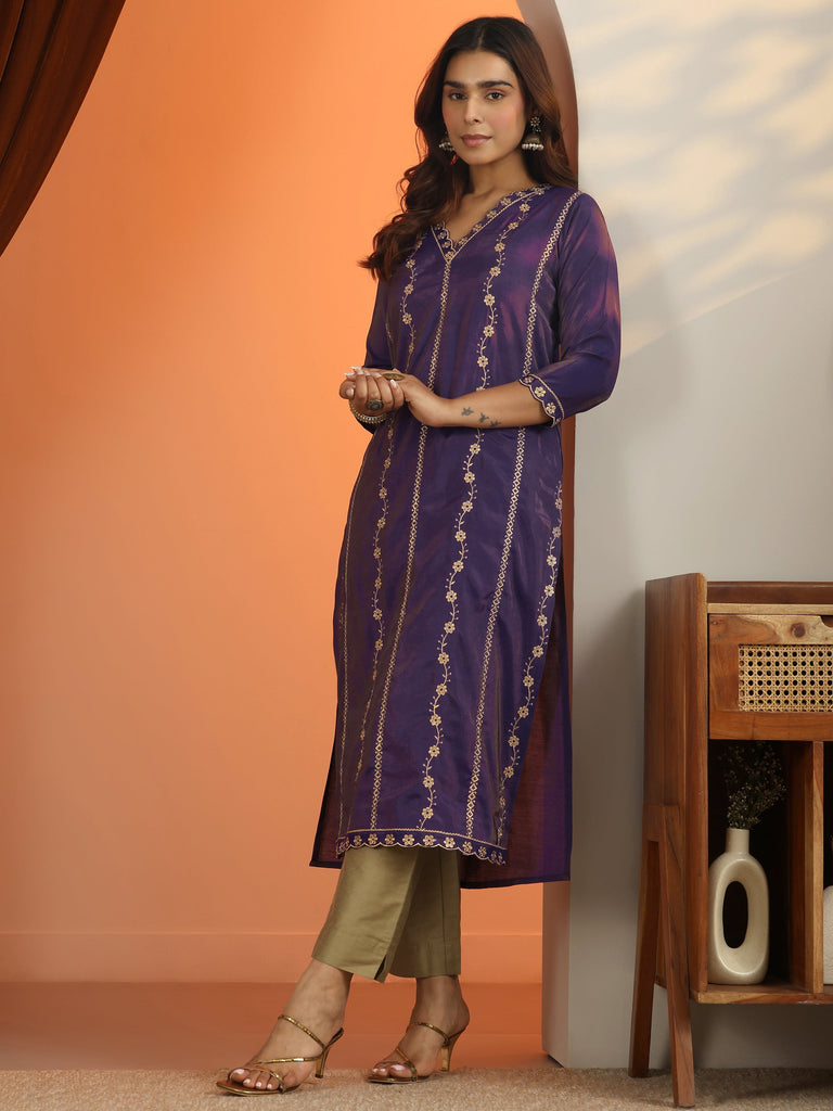 Libas Purple Floral Embroidered Silk Blend Straight Kurta