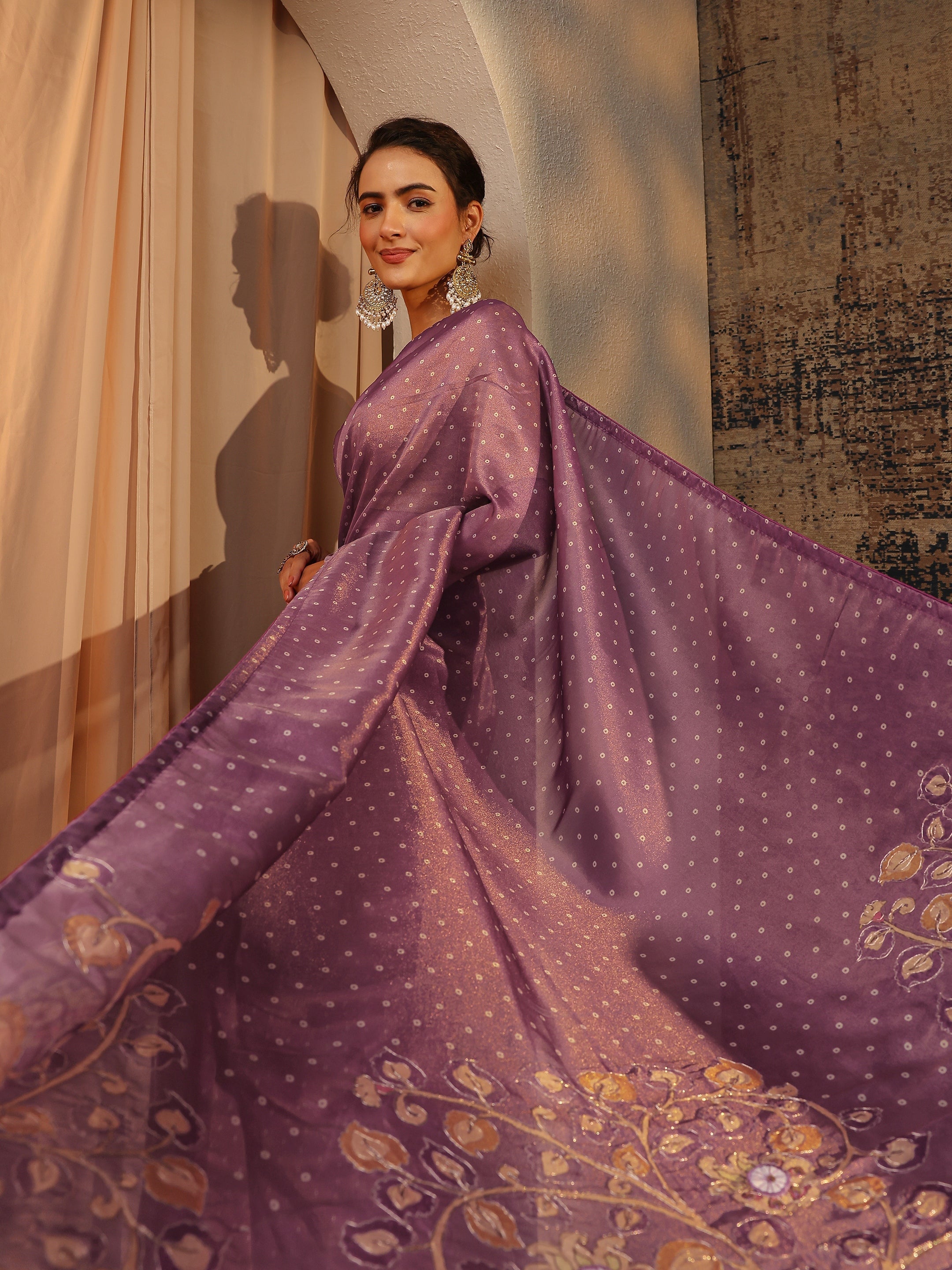 Purple Floral Embroidered Tissue Saree With Unstitched Blouse Piece-image-20