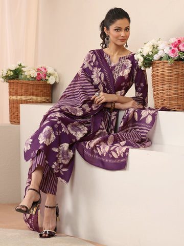 Purple Floral Printed Cotton Blend Straight Suit Set