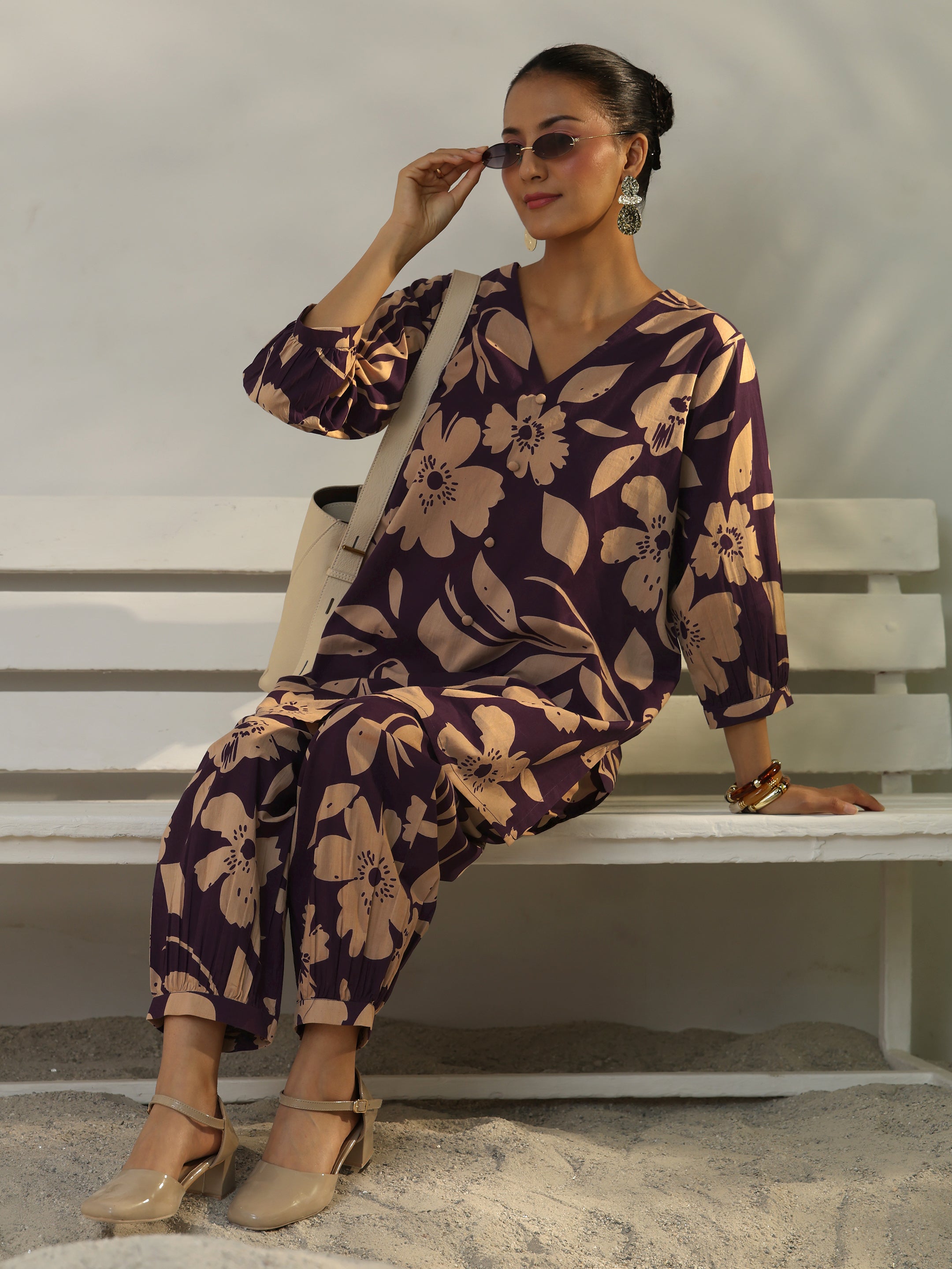 Purple Floral Printed Cotton Co-Ord Set-image-18