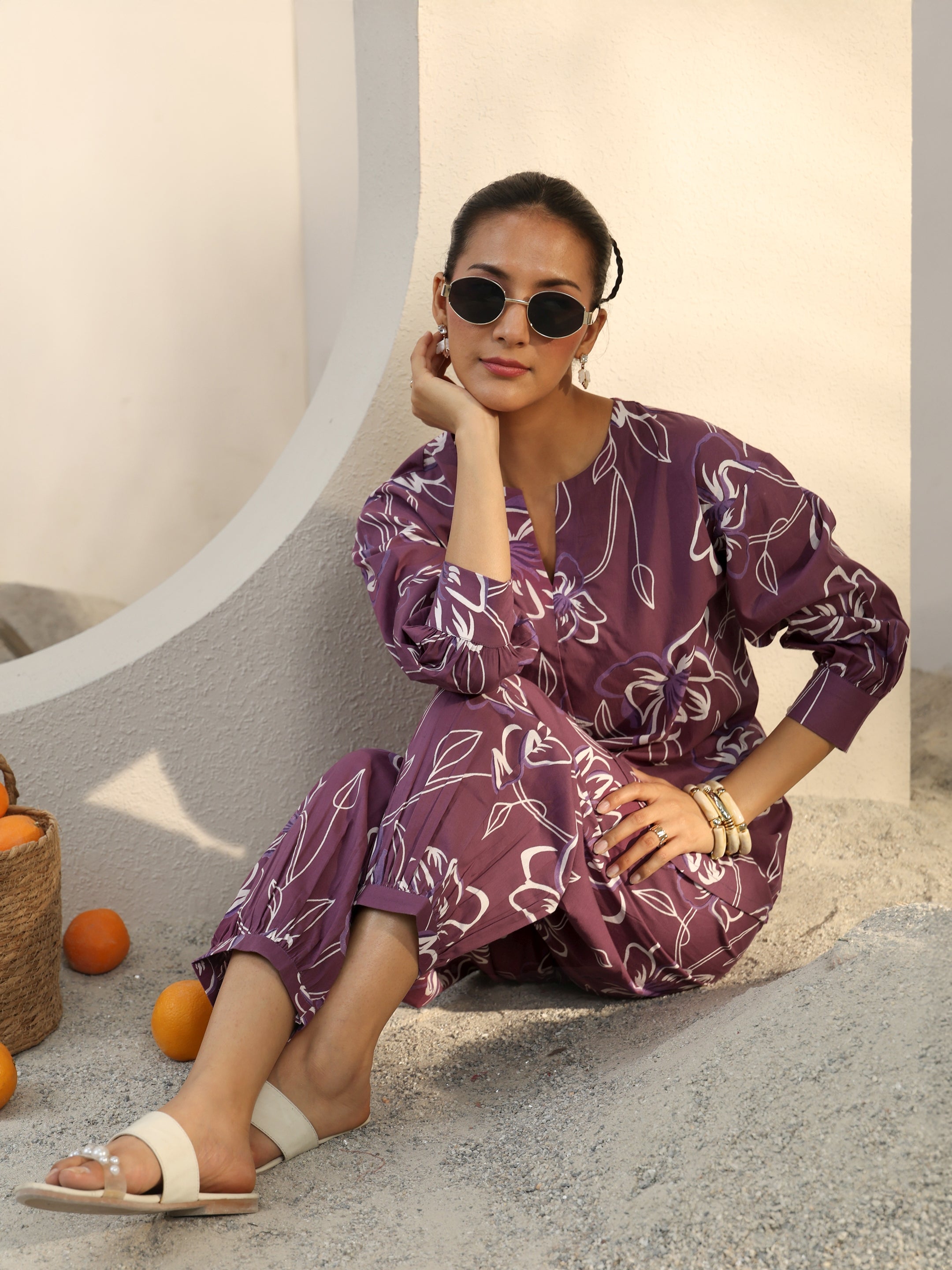 Purple Floral Printed Cotton Co-Ord Set-image-45