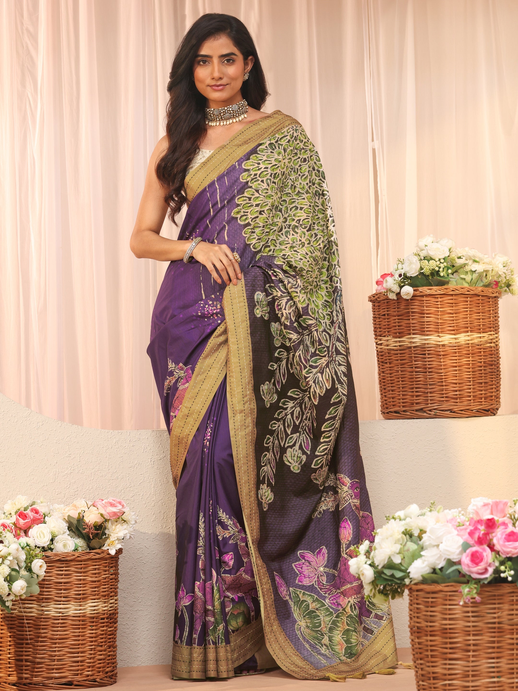 Purple Floral Printed Cotton Saree-image-34