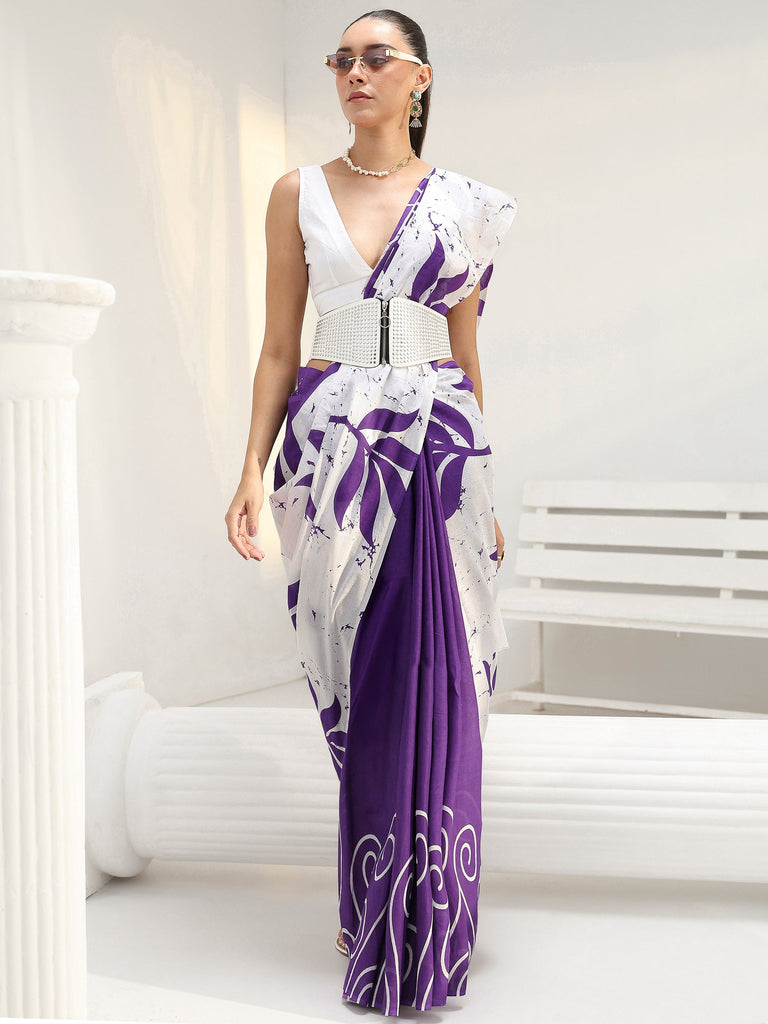 Libas White and Purple Leaf Printed Cotton Saree