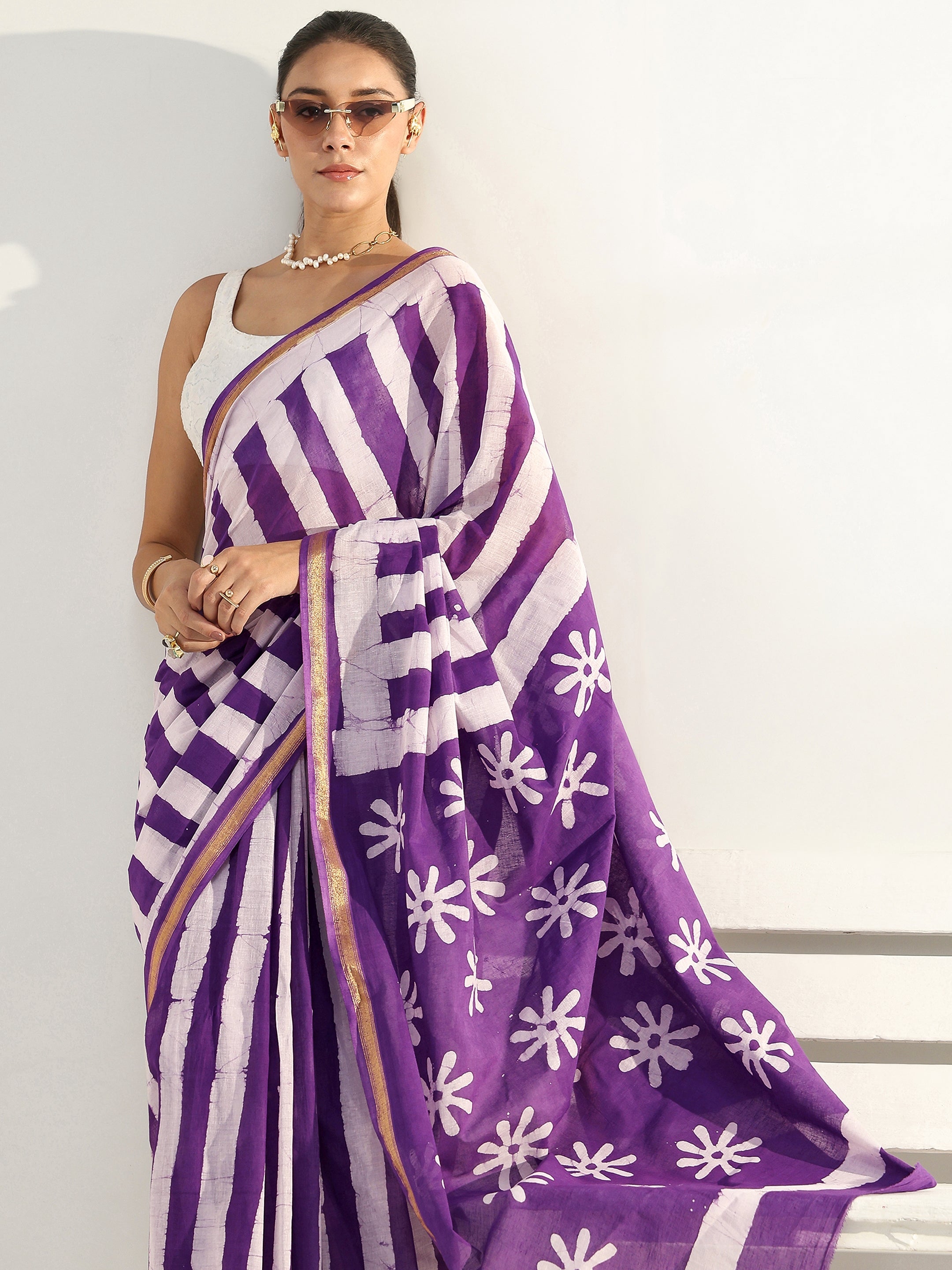 Purple Floral Printed Cotton Saree-image-44