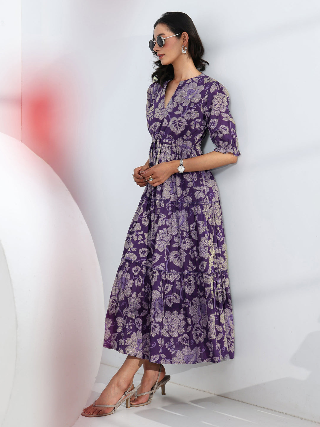  Purple Floral Printed Cotton Tiered One Piece Dress 