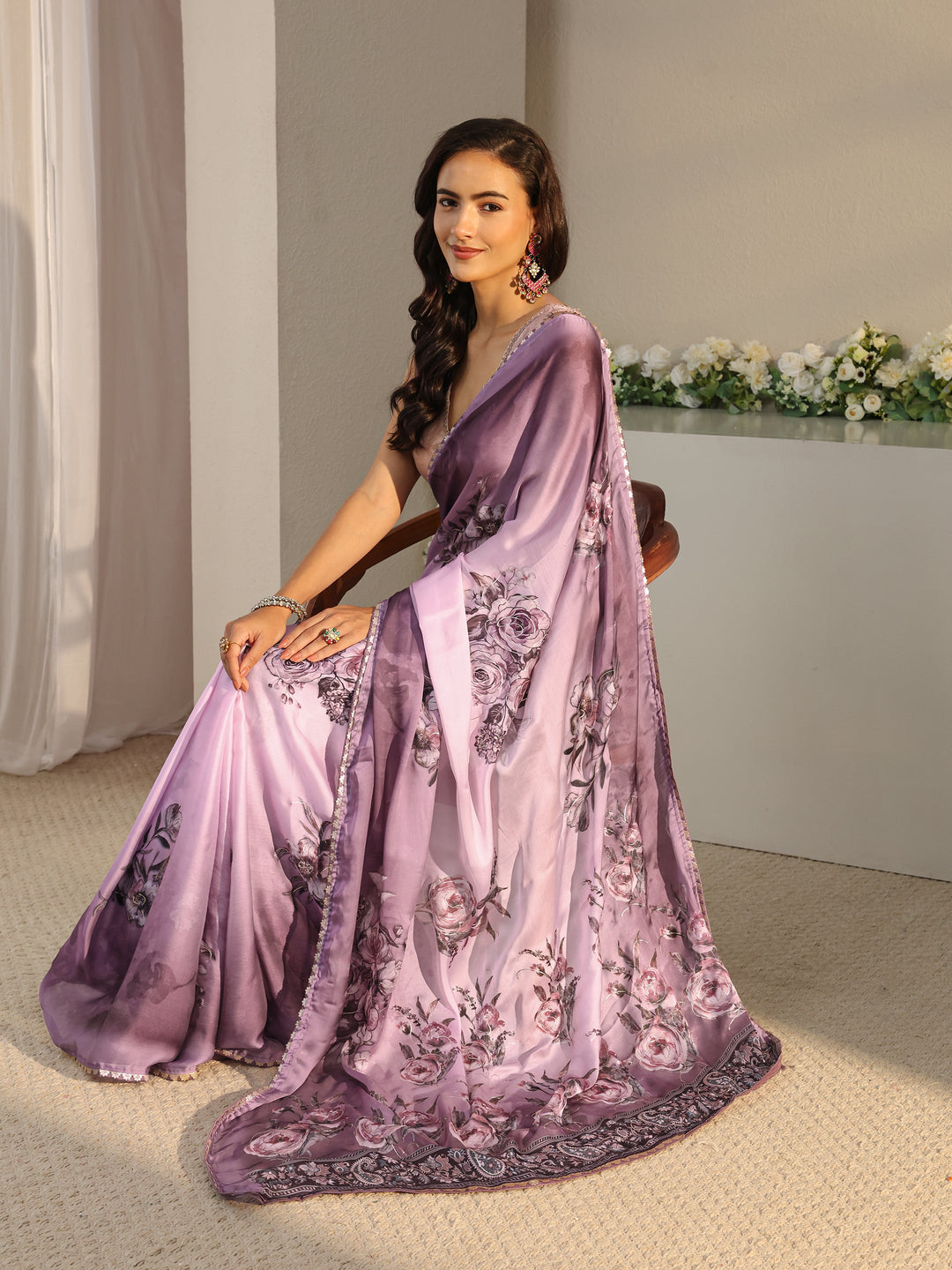 Purple Floral Printed Ombre Chiffon Saree With Unstitched Blouse Piece
